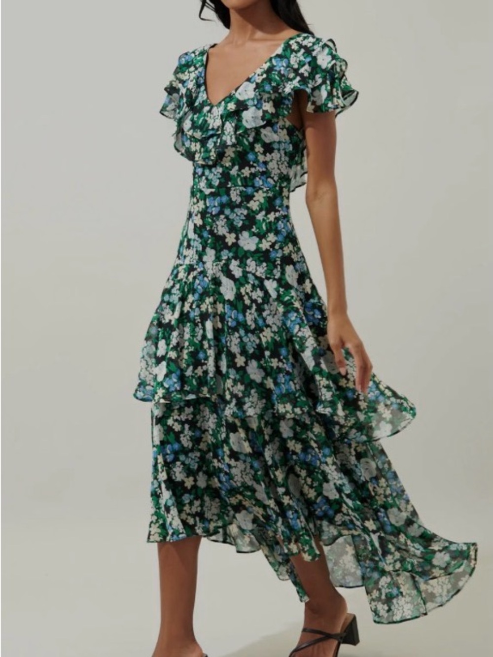 Sugarlips Green Floral High-Low Ruffle Midi Dress